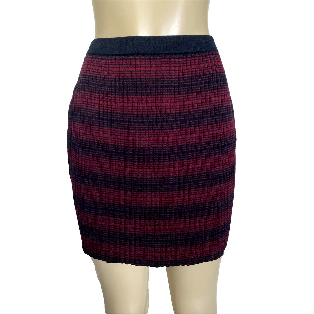 Vintage SJK St John Ribbed Knit Skirt Pencil Mini Burgundy Red Navy Stretch 4 S